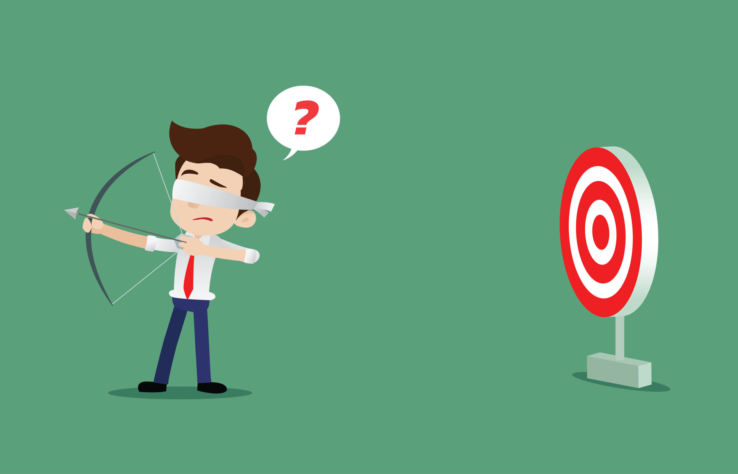 Blindfolded businessperson aiming a bow and arrow without seeing the target, representing how B2B marketing spend often lacks clear focus on business goals.