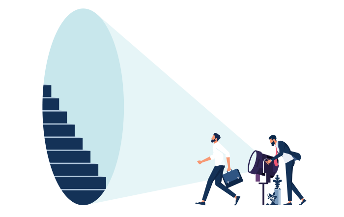 Illustration of a business professional walking toward a staircase illuminated by a large spotlight, symbolizing clarity, direction, and value preservation during receivership or business transition.