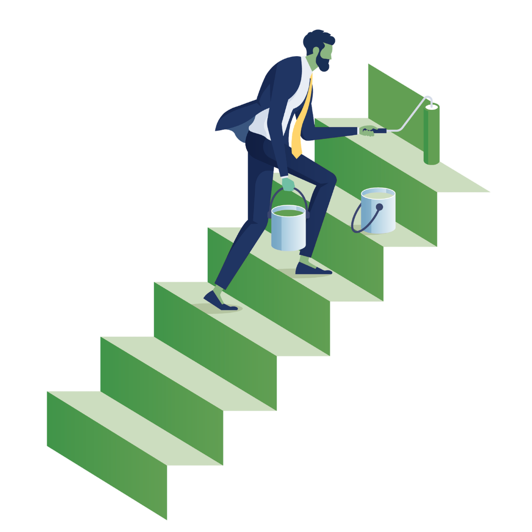 Business professional climbing steps while painting upward progress, representing building structured marketing over time.