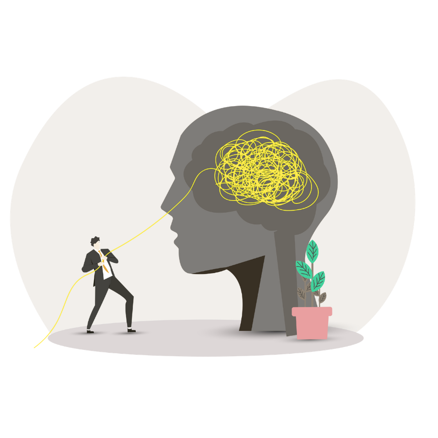 Business professional pulling a tangled line from a cluttered mind, representing the complexity and overload of managing all marketing responsibilities alone.