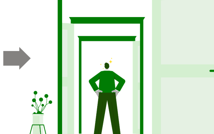 Illustration of a business leader standing between multiple open doors, representing strategic choices and decision making in business growth