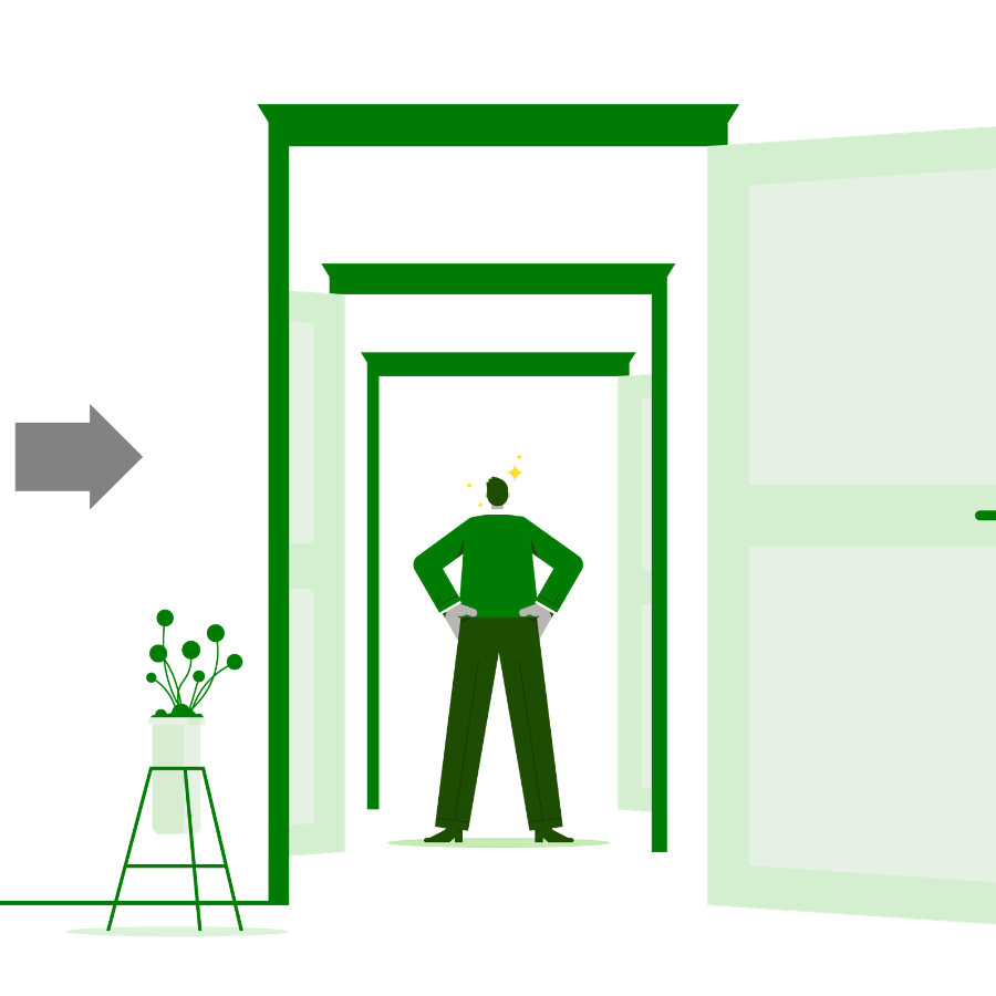 Illustration of a business leader standing between multiple open doors, representing strategic choices and decision making in business growth