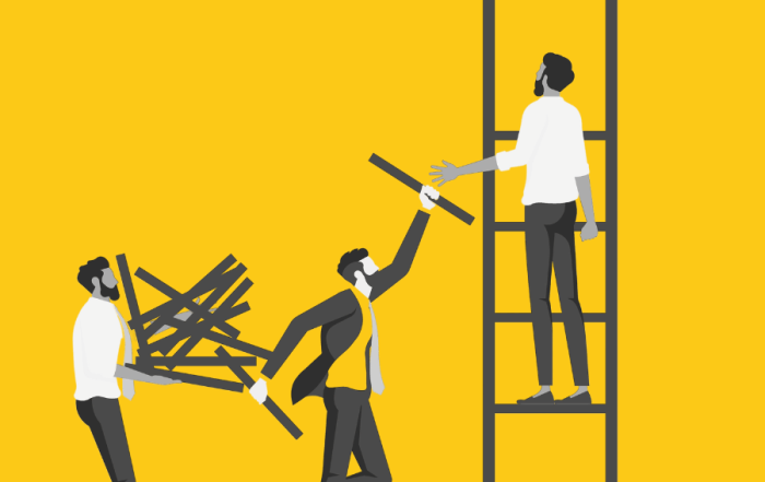 Illustration of professionals using a ladder and scattered pieces to represent the challenge of relying on marketing tools instead of strategy.