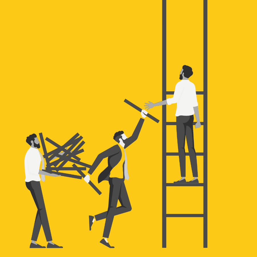 Illustration of professionals using a ladder and scattered pieces to represent the challenge of relying on marketing tools instead of strategy.